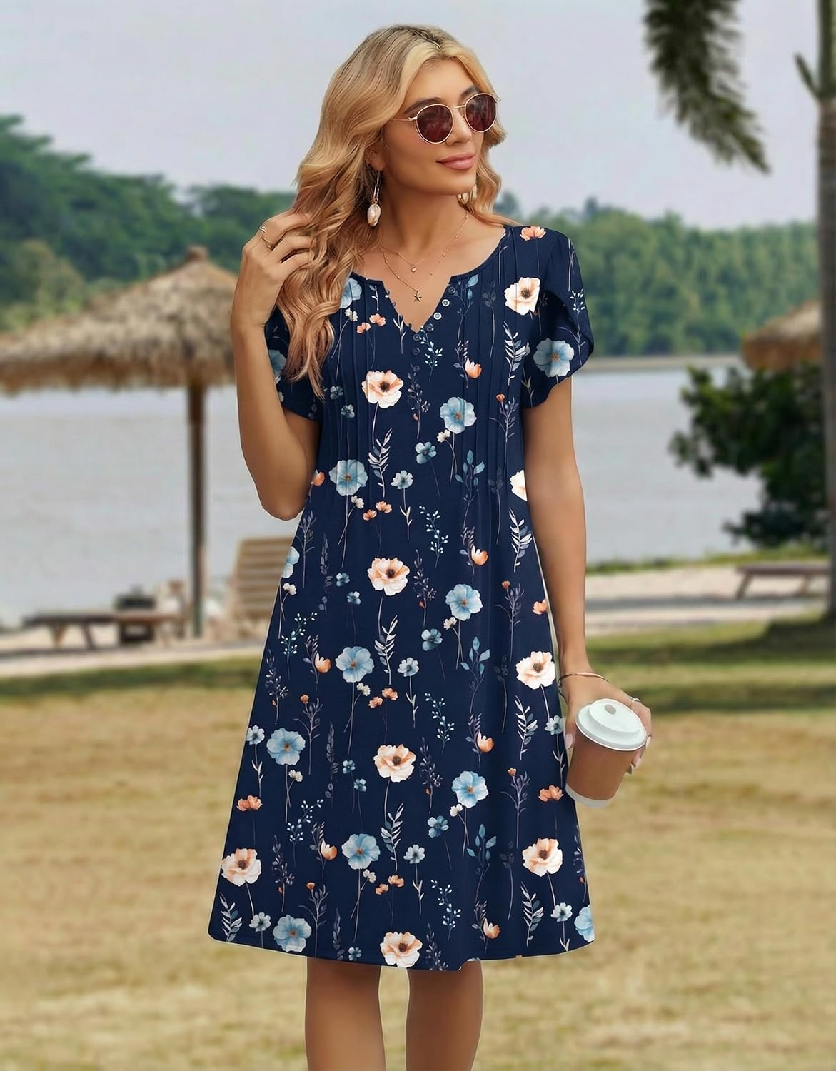 image:imageZeagoo Womens Casual Dresses with Pockets Summer Floral VNeck ALine Tshirt Dress Short Sleeve Mini Dress Beach SundressNavy Blue Floral