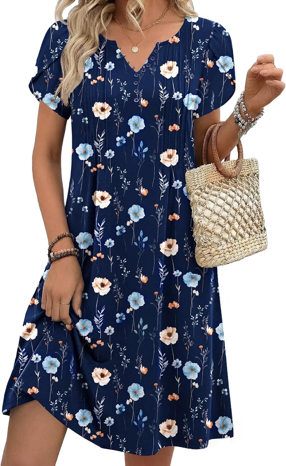 image:imageZeagoo Womens Casual Dresses with Pockets Summer Floral VNeck ALine Tshirt Dress Short Sleeve Mini Dress Beach SundressNavy Blue Floral