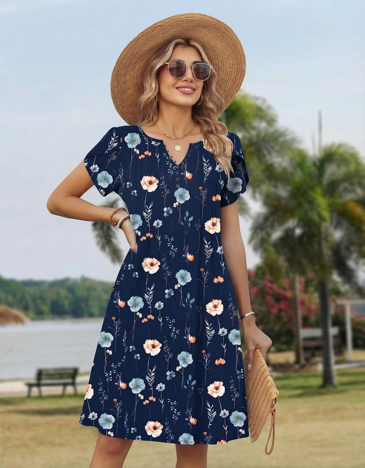image:imageZeagoo Womens Casual Dresses with Pockets Summer Floral VNeck ALine Tshirt Dress Short Sleeve Mini Dress Beach SundressNavy Blue Floral