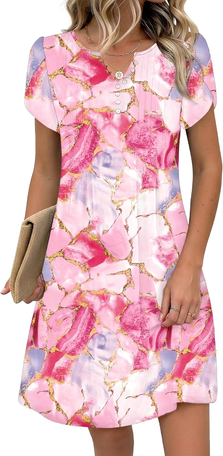 image:imageZeagoo Womens Casual Dresses with Pockets Summer Floral VNeck ALine Tshirt Dress Short Sleeve Mini Dress Beach SundressPink Marble Printed