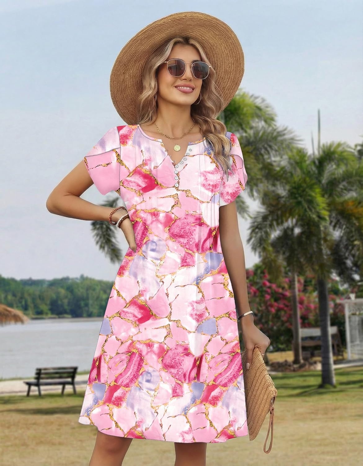 image:imageZeagoo Womens Casual Dresses with Pockets Summer Floral VNeck ALine Tshirt Dress Short Sleeve Mini Dress Beach SundressPink Marble Printed