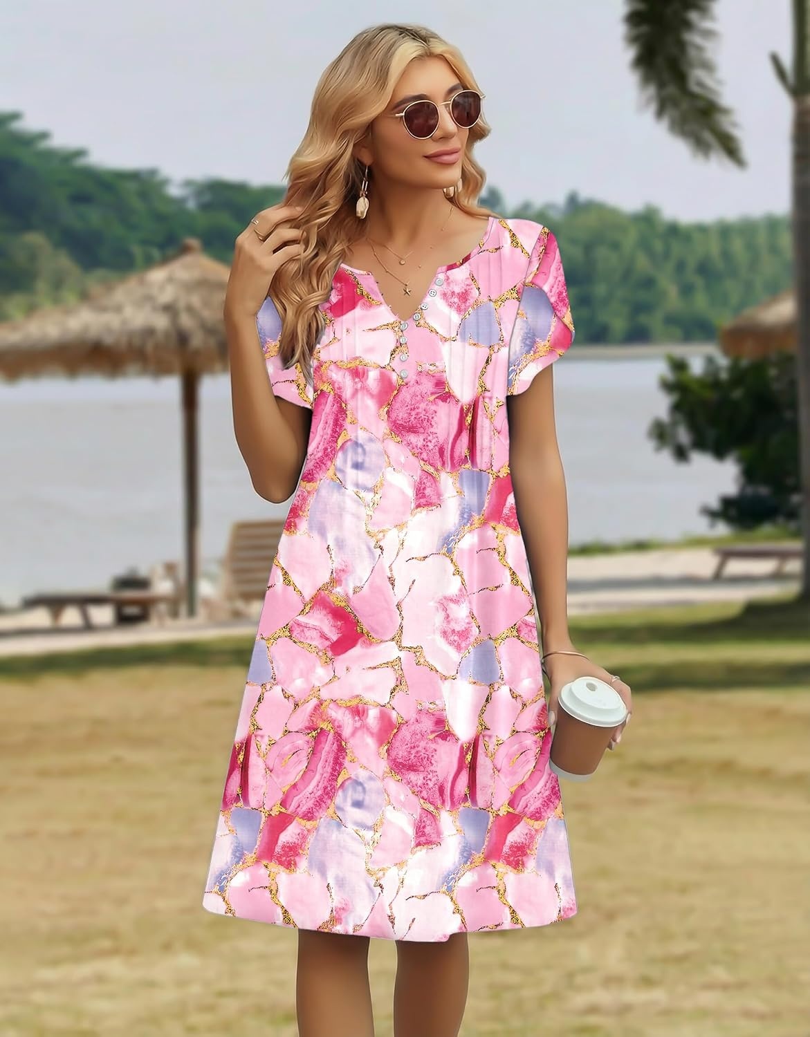 image:imageZeagoo Womens Casual Dresses with Pockets Summer Floral VNeck ALine Tshirt Dress Short Sleeve Mini Dress Beach SundressPink Marble Printed
