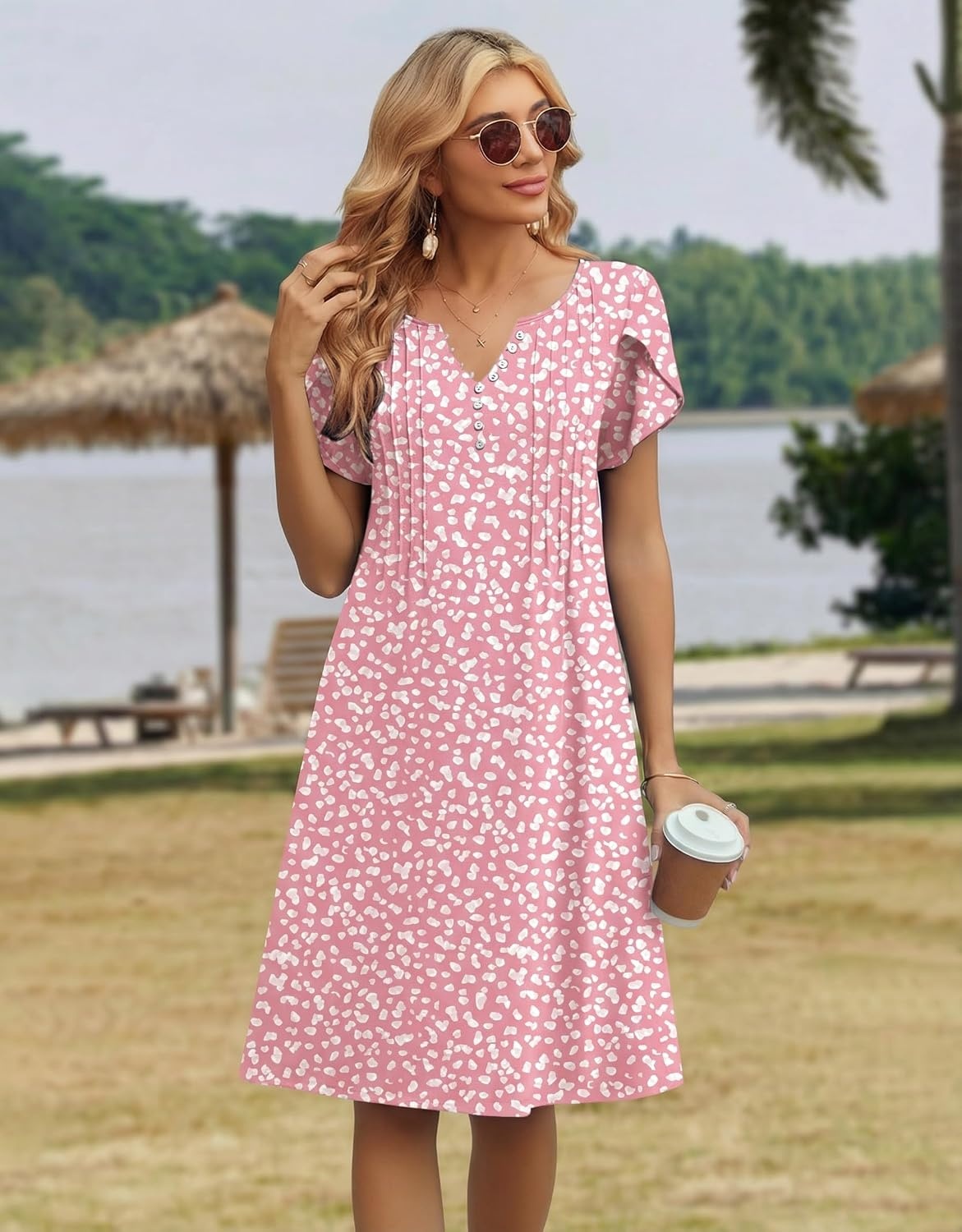 image:imageZeagoo Womens Casual Dresses with Pockets Summer Floral VNeck ALine Tshirt Dress Short Sleeve Mini Dress Beach SundressPinkwhite