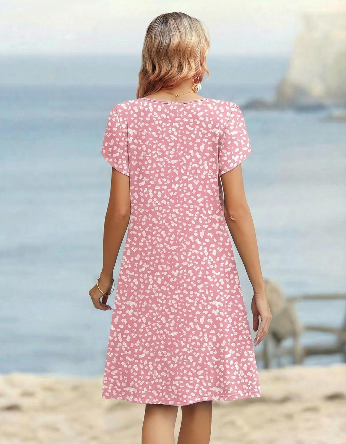 image:imageZeagoo Womens Casual Dresses with Pockets Summer Floral VNeck ALine Tshirt Dress Short Sleeve Mini Dress Beach SundressPinkwhite