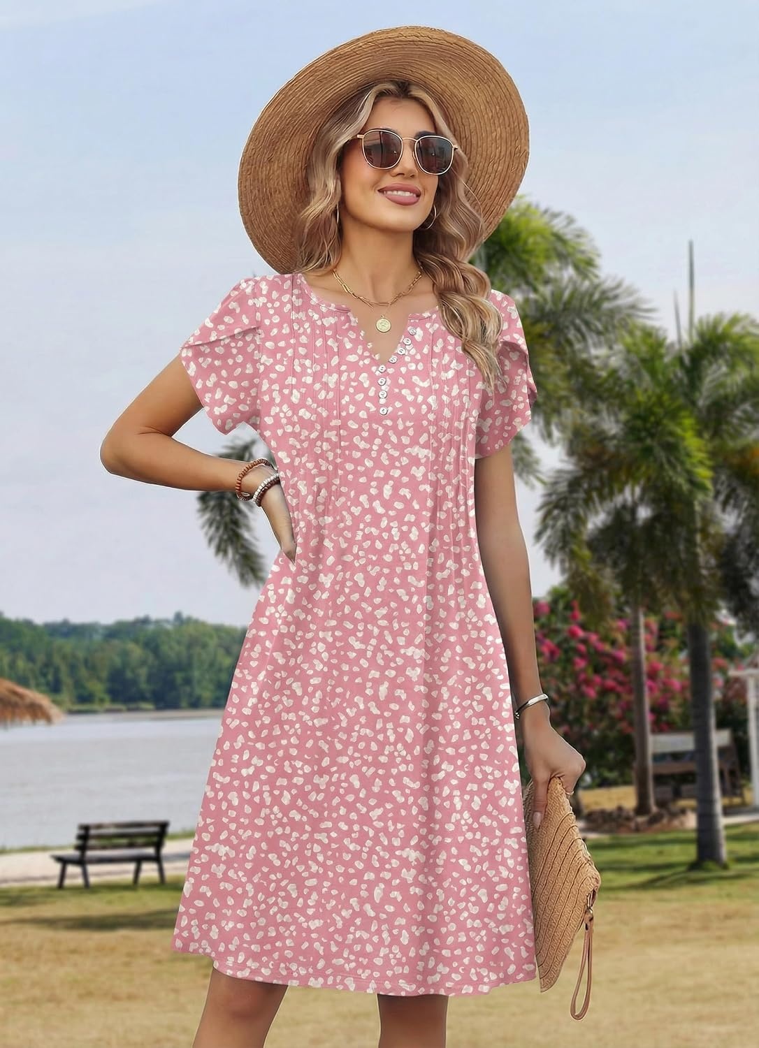 image:imageZeagoo Womens Casual Dresses with Pockets Summer Floral VNeck ALine Tshirt Dress Short Sleeve Mini Dress Beach SundressPinkwhite