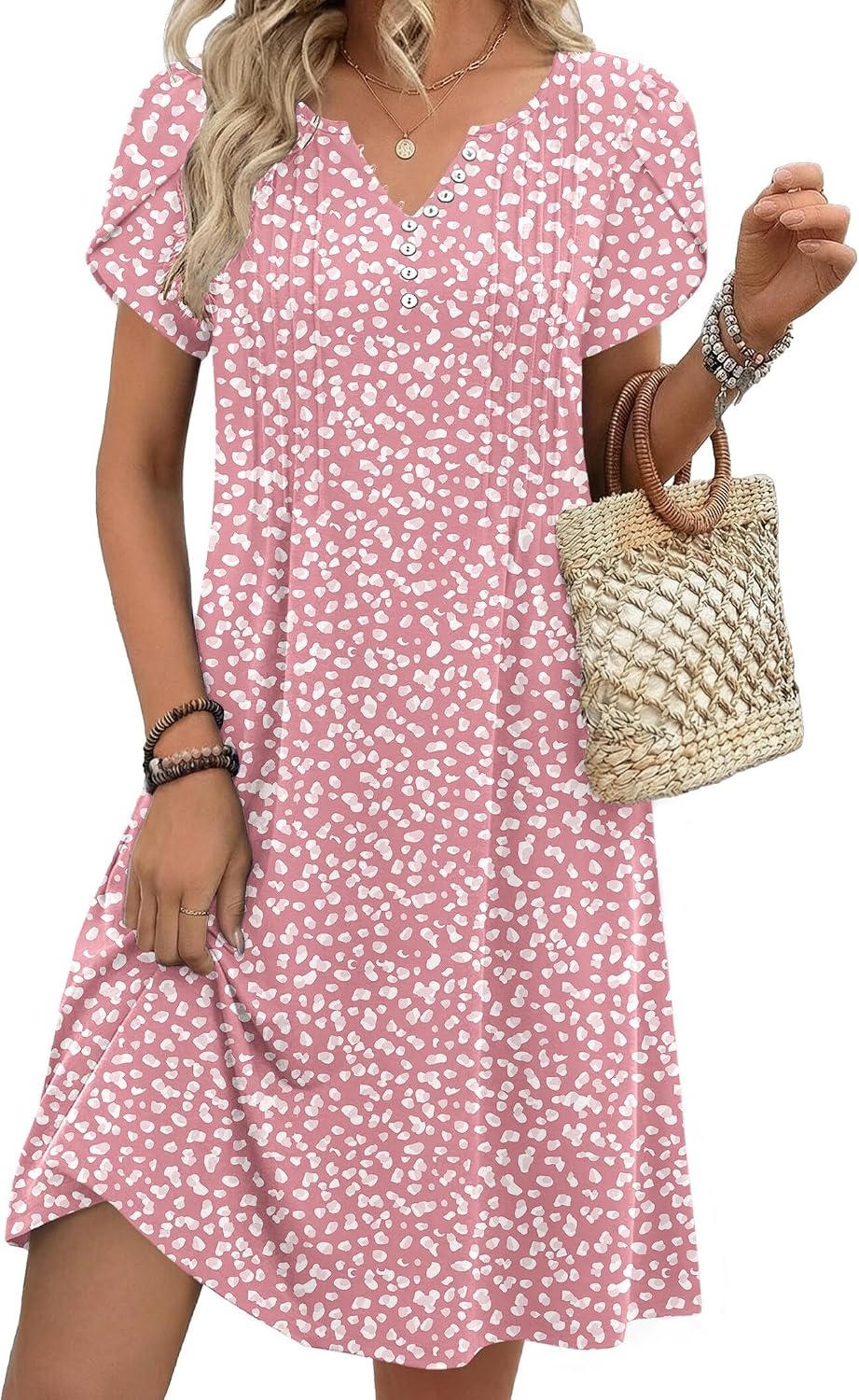 image:imageZeagoo Womens Casual Dresses with Pockets Summer Floral VNeck ALine Tshirt Dress Short Sleeve Mini Dress Beach SundressPinkwhite