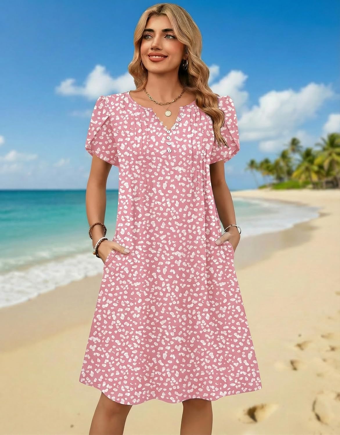 image:imageZeagoo Womens Casual Dresses with Pockets Summer Floral VNeck ALine Tshirt Dress Short Sleeve Mini Dress Beach SundressPinkwhite