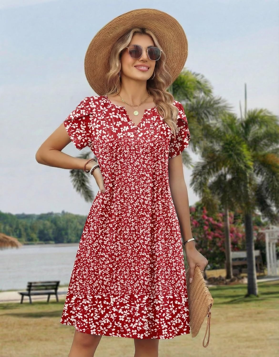 image:imageZeagoo Womens Casual Dresses with Pockets Summer Floral VNeck ALine Tshirt Dress Short Sleeve Mini Dress Beach SundressRed White Floral