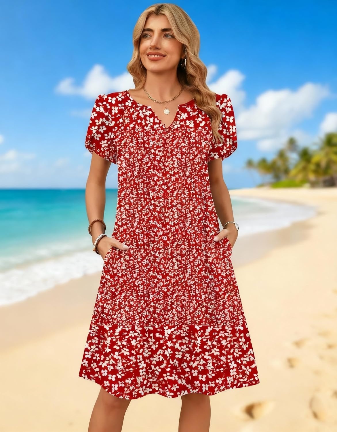 image:imageZeagoo Womens Casual Dresses with Pockets Summer Floral VNeck ALine Tshirt Dress Short Sleeve Mini Dress Beach SundressRed White Floral