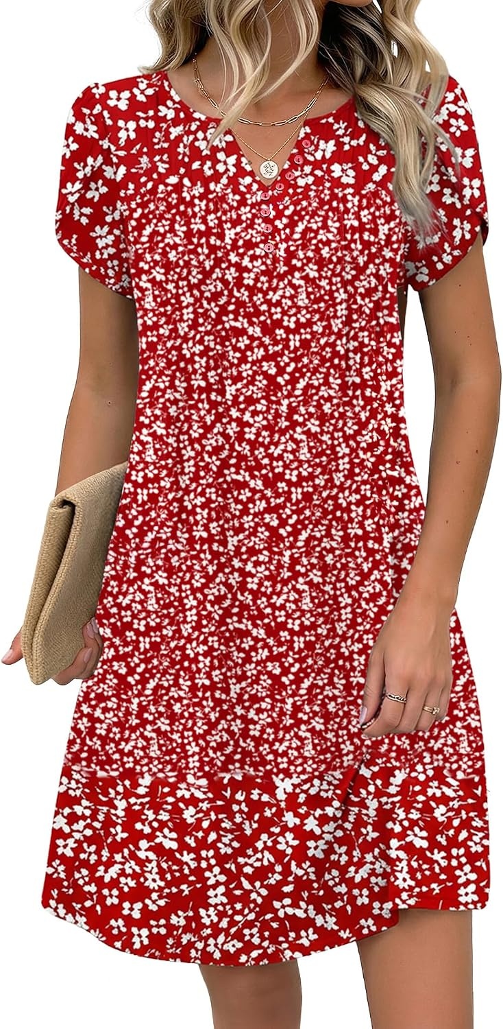 image:imageZeagoo Womens Casual Dresses with Pockets Summer Floral VNeck ALine Tshirt Dress Short Sleeve Mini Dress Beach SundressRed White Floral
