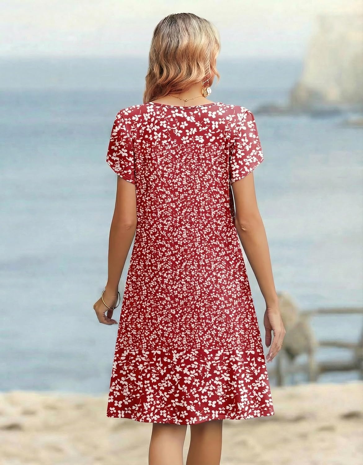 image:imageZeagoo Womens Casual Dresses with Pockets Summer Floral VNeck ALine Tshirt Dress Short Sleeve Mini Dress Beach SundressRed White Floral