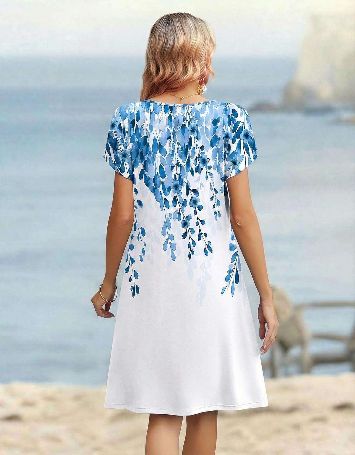 image:imageZeagoo Womens Casual Dresses with Pockets Summer Floral VNeck ALine Tshirt Dress Short Sleeve Mini Dress Beach SundressWhiteblue Flower