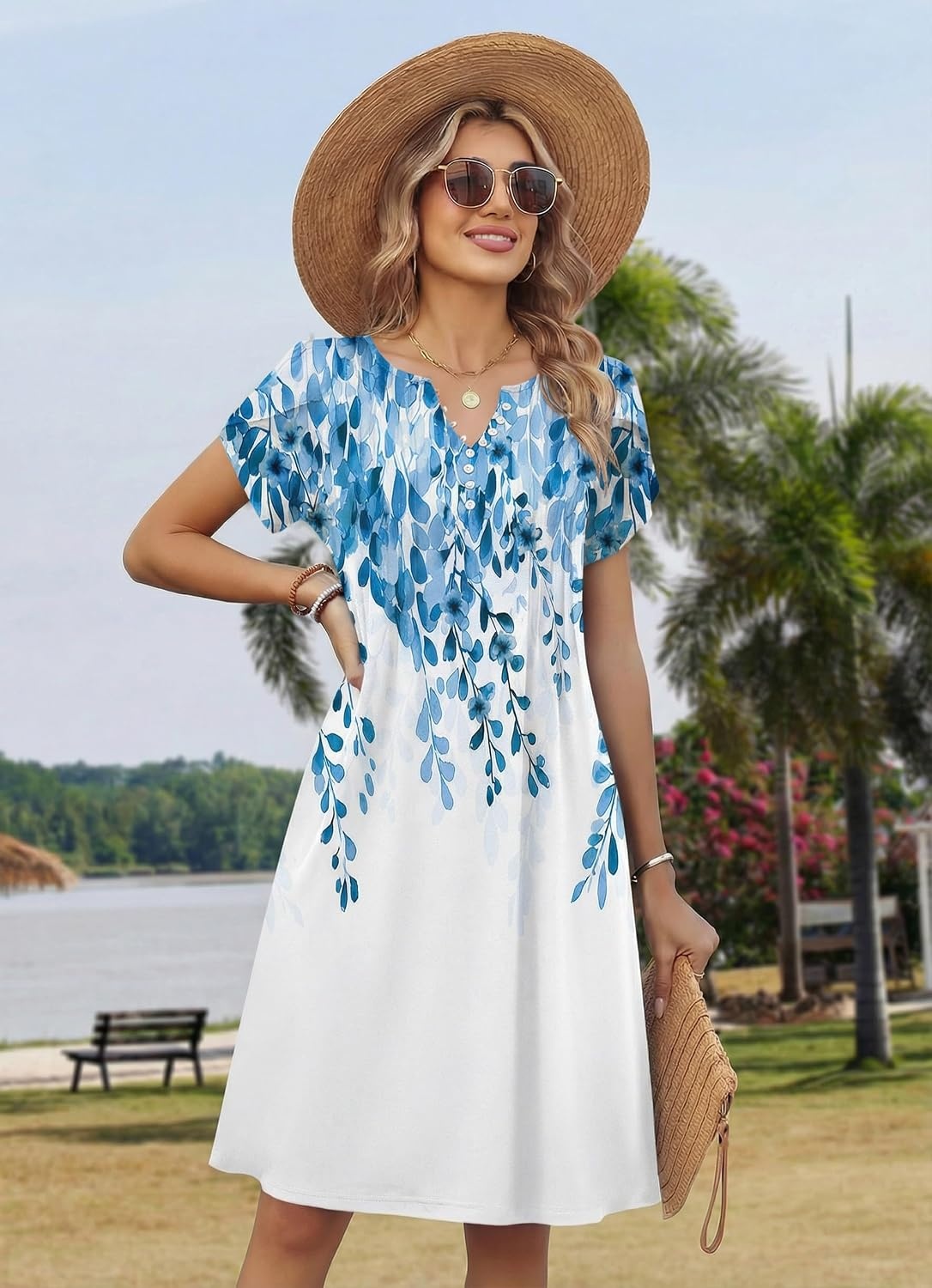 image:imageZeagoo Womens Casual Dresses with Pockets Summer Floral VNeck ALine Tshirt Dress Short Sleeve Mini Dress Beach SundressWhiteblue Flower