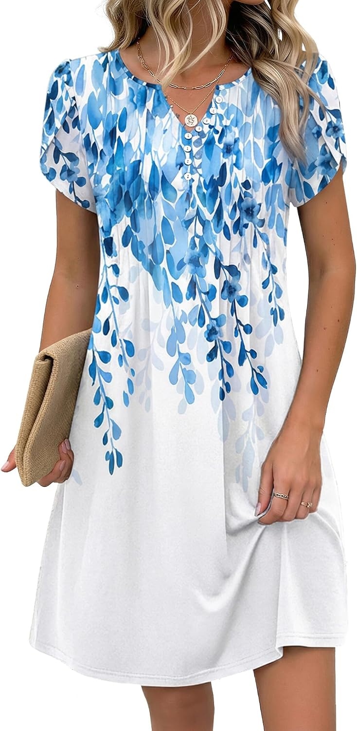 image:imageZeagoo Womens Casual Dresses with Pockets Summer Floral VNeck ALine Tshirt Dress Short Sleeve Mini Dress Beach SundressWhiteblue Flower