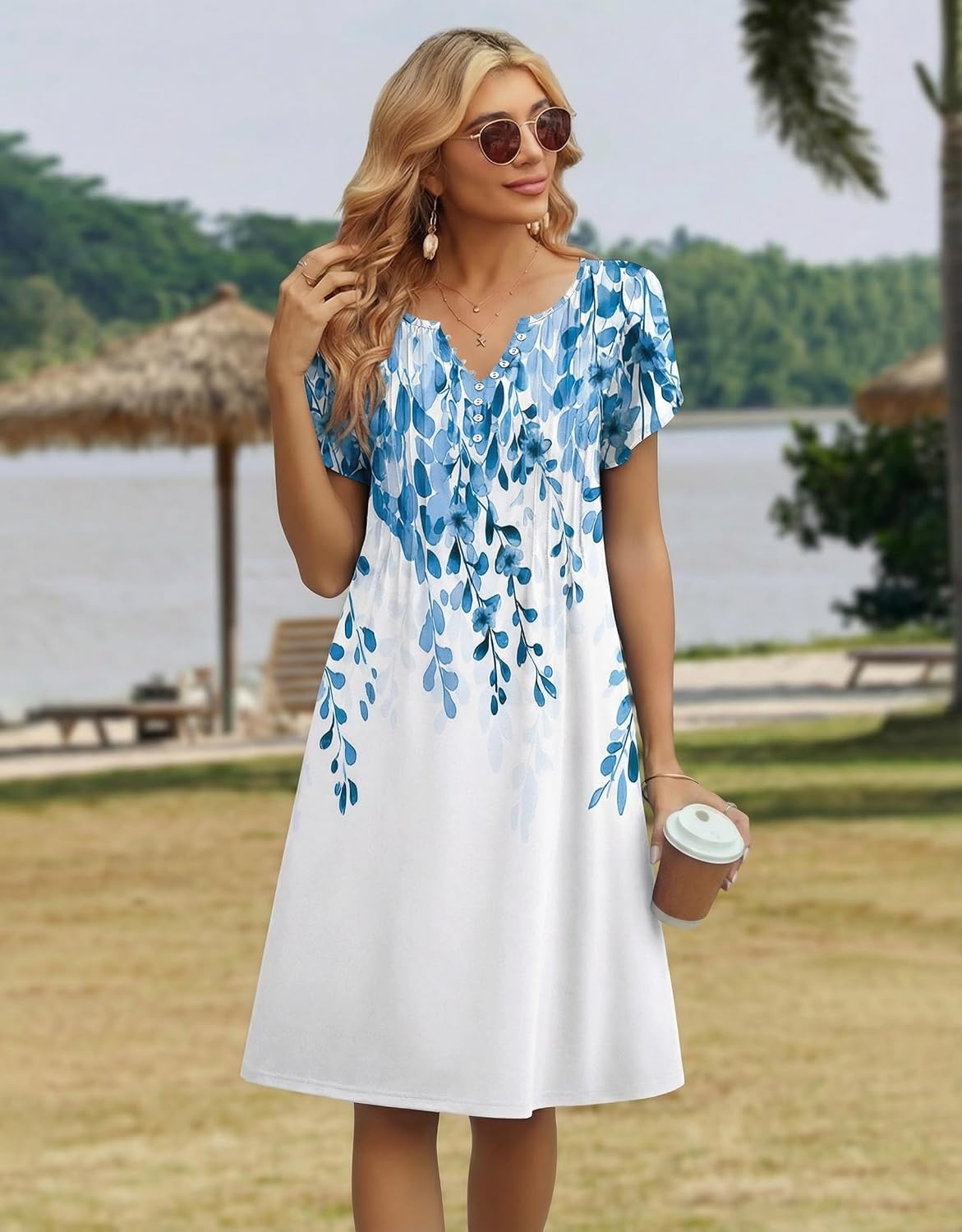 image:imageZeagoo Womens Casual Dresses with Pockets Summer Floral VNeck ALine Tshirt Dress Short Sleeve Mini Dress Beach SundressWhiteblue Flower