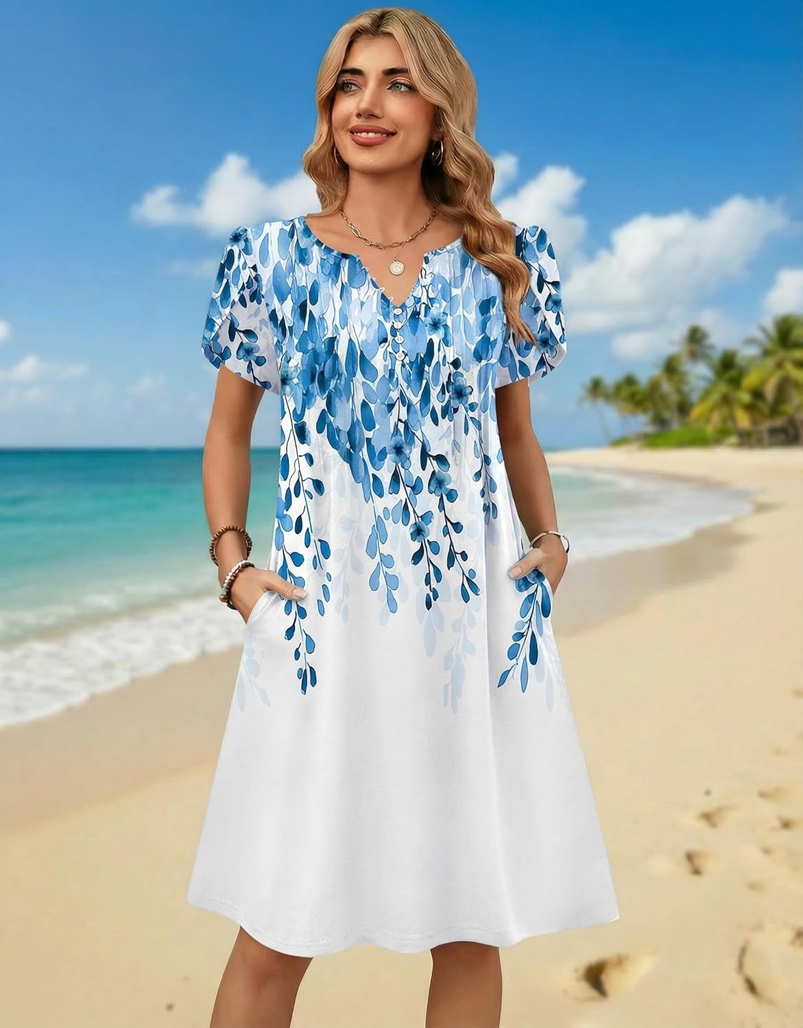 image:imageZeagoo Womens Casual Dresses with Pockets Summer Floral VNeck ALine Tshirt Dress Short Sleeve Mini Dress Beach SundressWhiteblue Flower