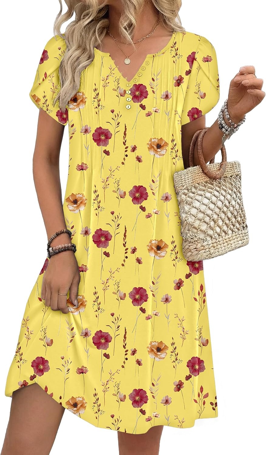 image:imageZeagoo Womens Casual Dresses with Pockets Summer Floral VNeck ALine Tshirt Dress Short Sleeve Mini Dress Beach SundressYellow Floral