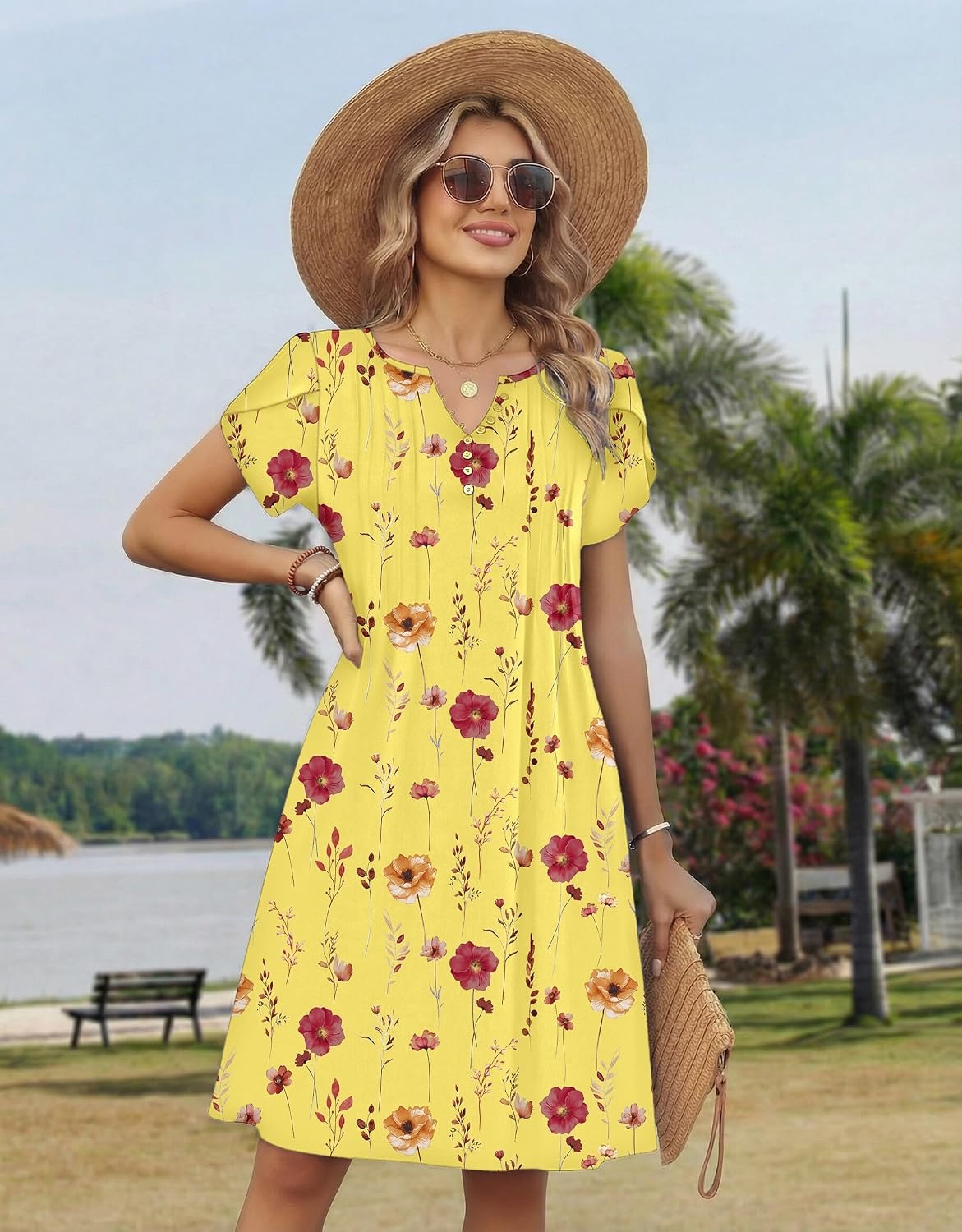 image:imageZeagoo Womens Casual Dresses with Pockets Summer Floral VNeck ALine Tshirt Dress Short Sleeve Mini Dress Beach SundressYellow Floral