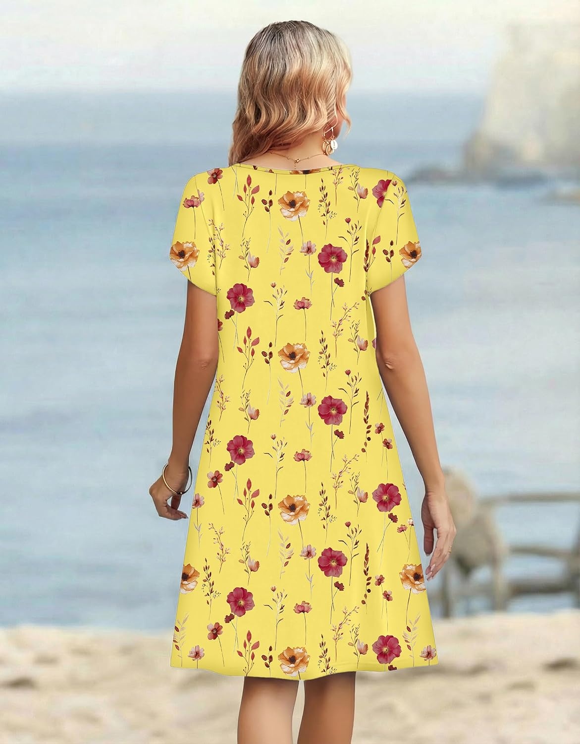 image:imageZeagoo Womens Casual Dresses with Pockets Summer Floral VNeck ALine Tshirt Dress Short Sleeve Mini Dress Beach SundressYellow Floral
