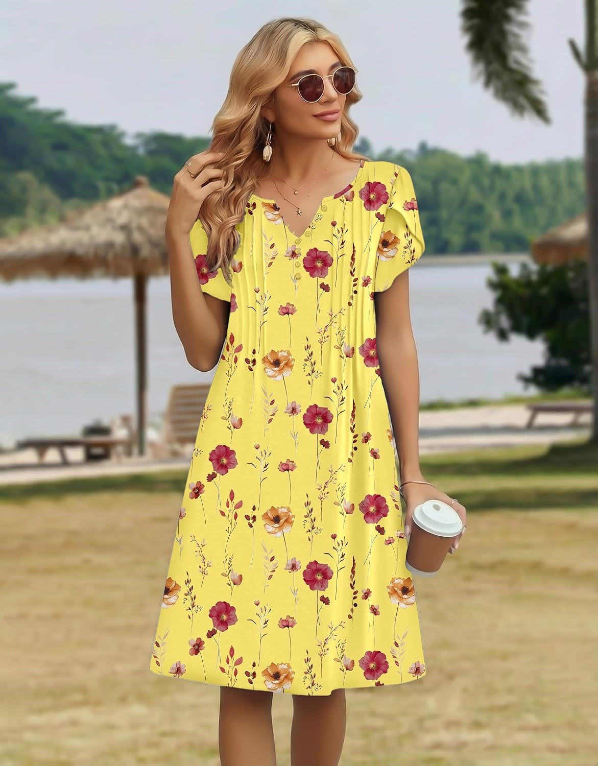 image:imageZeagoo Womens Casual Dresses with Pockets Summer Floral VNeck ALine Tshirt Dress Short Sleeve Mini Dress Beach SundressYellow Floral