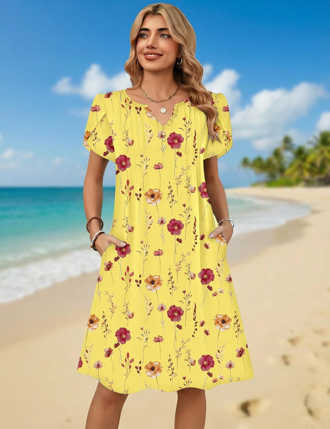 image:imageZeagoo Womens Casual Dresses with Pockets Summer Floral VNeck ALine Tshirt Dress Short Sleeve Mini Dress Beach SundressYellow Floral