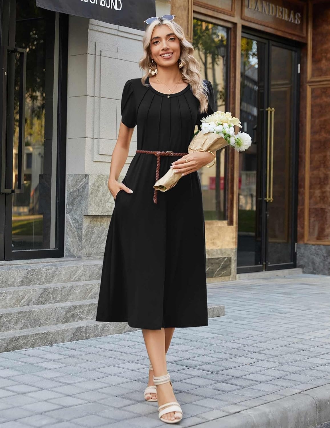 image:imageZeagoo Womens Casual Summer Dress 2026 Petal Short Sleeve Dresses with Pleats Midi A Line Flowy Dress Boho SundressAblack
