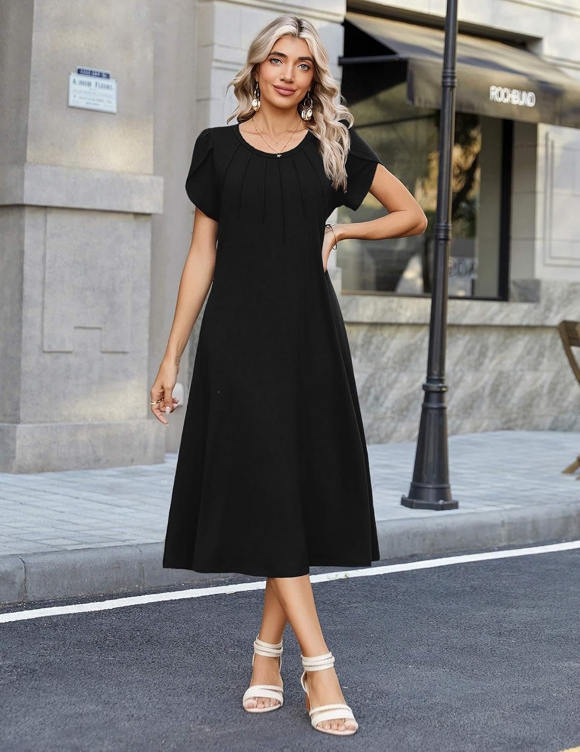image:imageZeagoo Womens Casual Summer Dress 2026 Petal Short Sleeve Dresses with Pleats Midi A Line Flowy Dress Boho SundressAblack