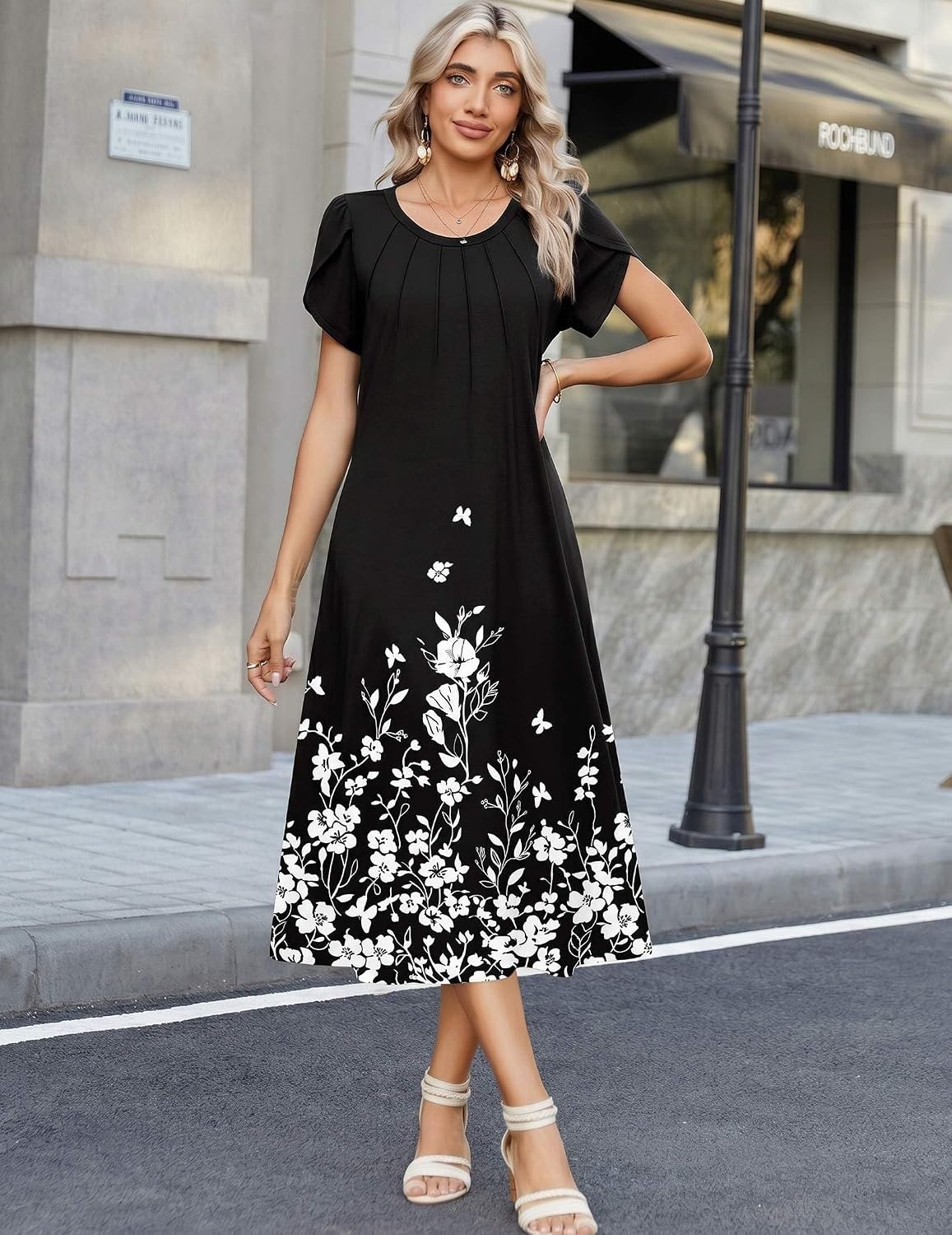 image:imageZeagoo Womens Casual Summer Dress 2026 Petal Short Sleeve Dresses with Pleats Midi A Line Flowy Dress Boho SundressBlack Floral 02