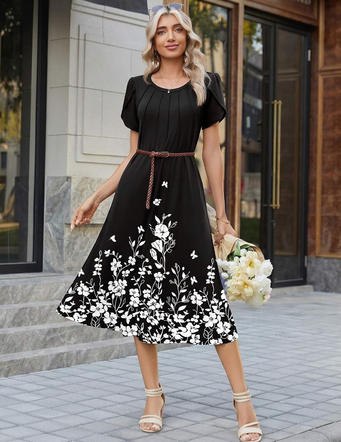 image:imageZeagoo Womens Casual Summer Dress 2026 Petal Short Sleeve Dresses with Pleats Midi A Line Flowy Dress Boho SundressBlack Floral 02