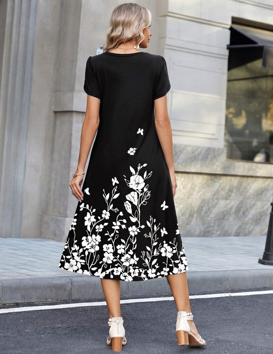 image:imageZeagoo Womens Casual Summer Dress 2026 Petal Short Sleeve Dresses with Pleats Midi A Line Flowy Dress Boho SundressBlack Floral 02