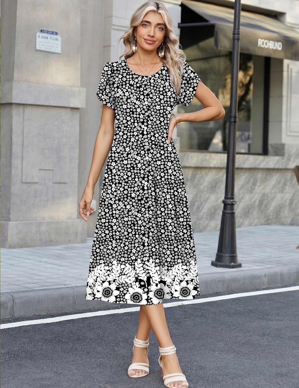 image:imageZeagoo Womens Casual Summer Dress 2026 Petal Short Sleeve Dresses with Pleats Midi A Line Flowy Dress Boho SundressBlack Floral 03