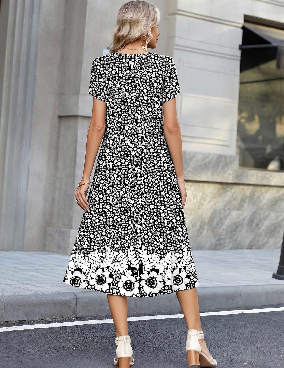 image:imageZeagoo Womens Casual Summer Dress 2026 Petal Short Sleeve Dresses with Pleats Midi A Line Flowy Dress Boho SundressBlack Floral 03