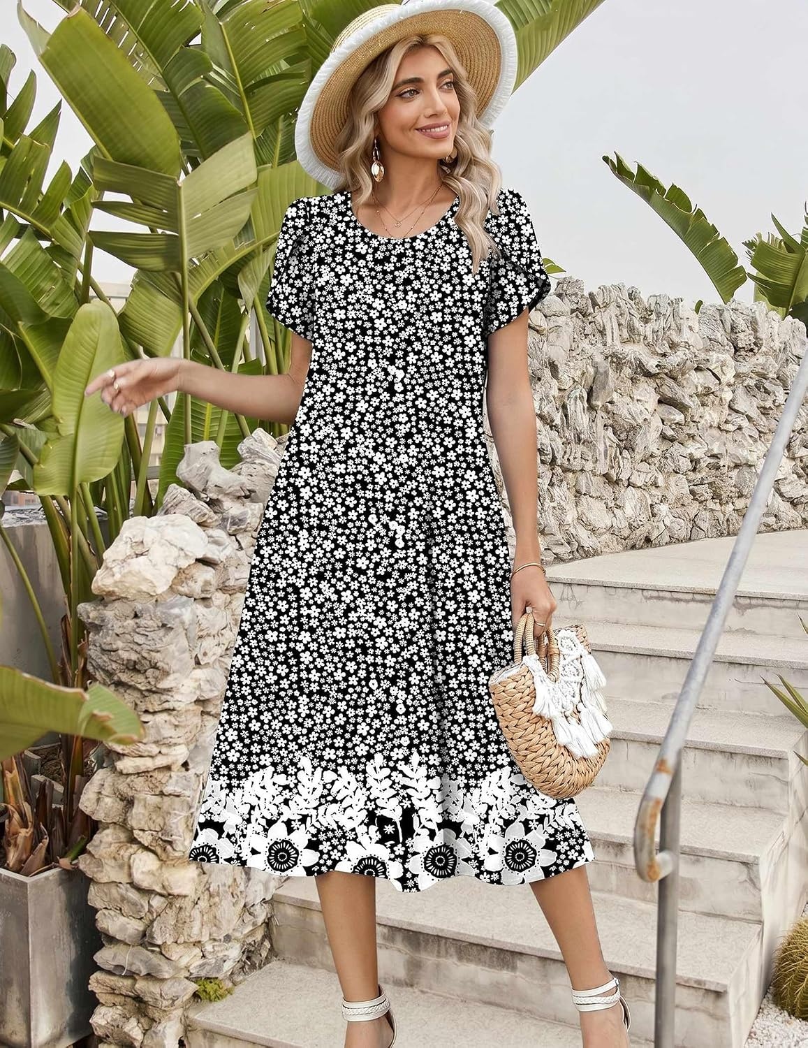 image:imageZeagoo Womens Casual Summer Dress 2026 Petal Short Sleeve Dresses with Pleats Midi A Line Flowy Dress Boho SundressBlack Floral 03