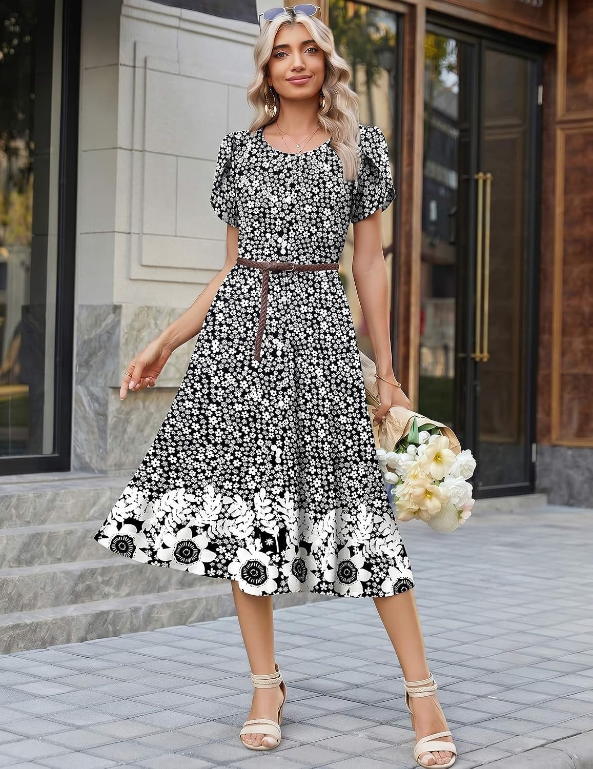 image:imageZeagoo Womens Casual Summer Dress 2026 Petal Short Sleeve Dresses with Pleats Midi A Line Flowy Dress Boho SundressBlack Floral 03