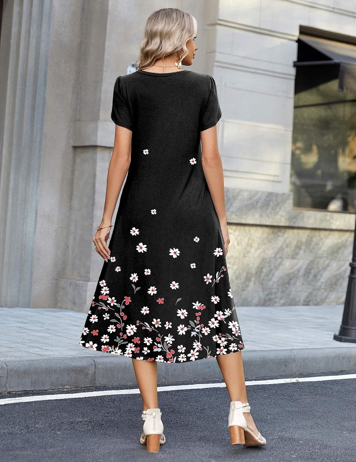 image:imageZeagoo Womens Casual Summer Dress 2026 Petal Short Sleeve Dresses with Pleats Midi A Line Flowy Dress Boho SundressBlack Floral