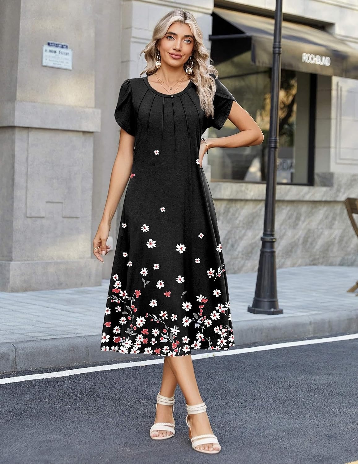 image:imageZeagoo Womens Casual Summer Dress 2026 Petal Short Sleeve Dresses with Pleats Midi A Line Flowy Dress Boho SundressBlack Floral