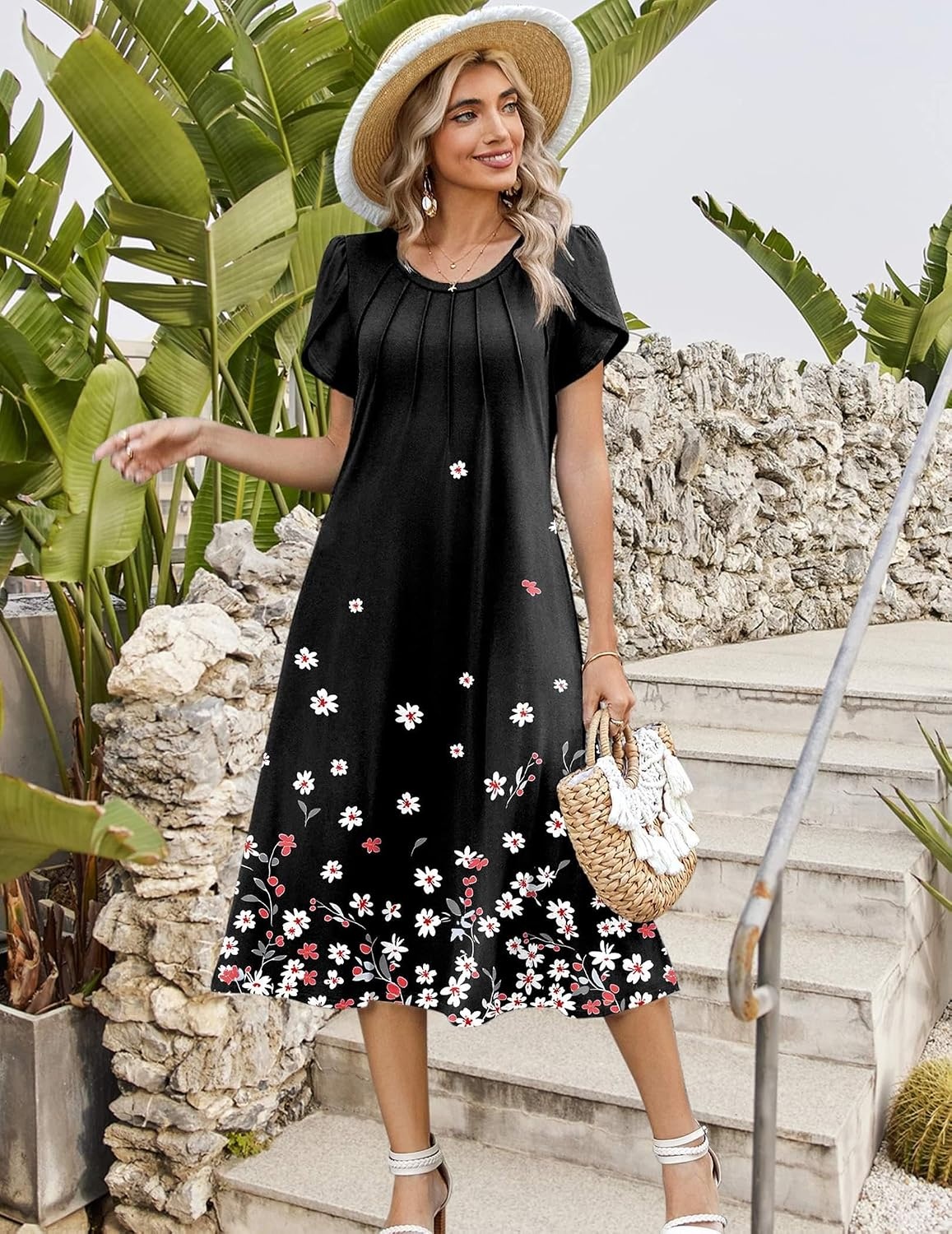 image:imageZeagoo Womens Casual Summer Dress 2026 Petal Short Sleeve Dresses with Pleats Midi A Line Flowy Dress Boho SundressBlack Floral