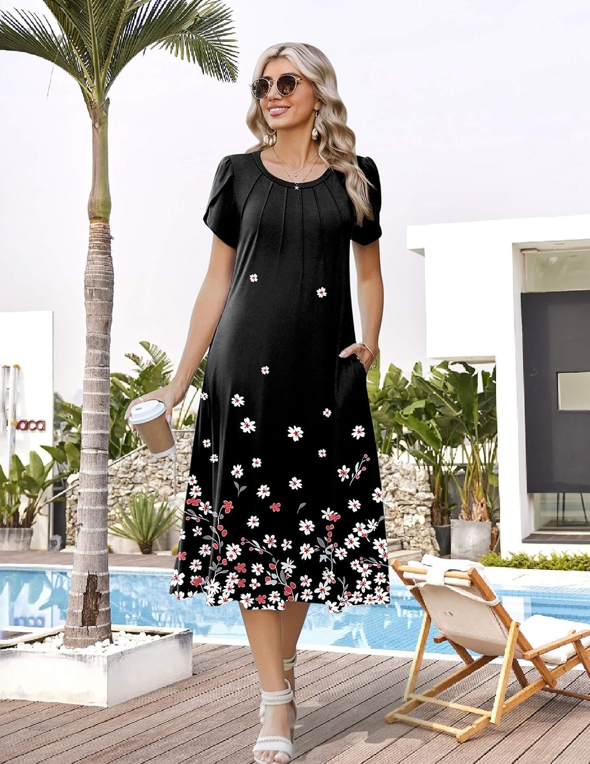 image:imageZeagoo Womens Casual Summer Dress 2026 Petal Short Sleeve Dresses with Pleats Midi A Line Flowy Dress Boho SundressBlack Floral