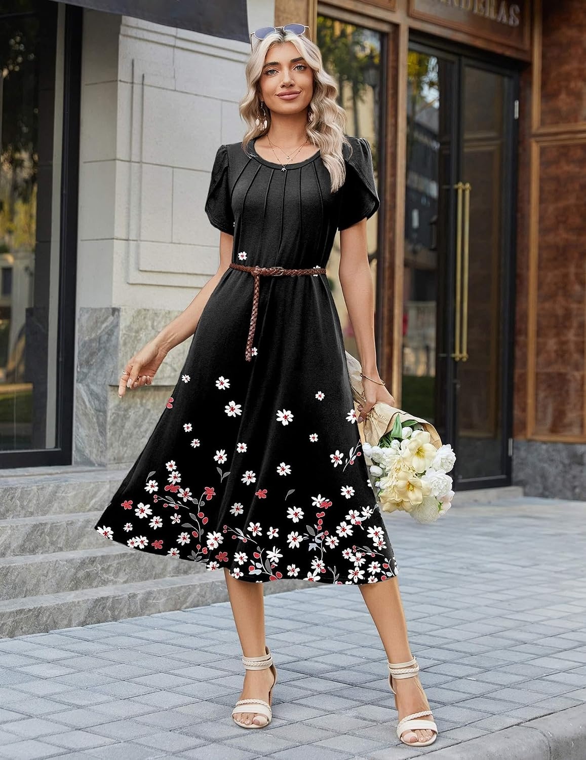 image:imageZeagoo Womens Casual Summer Dress 2026 Petal Short Sleeve Dresses with Pleats Midi A Line Flowy Dress Boho SundressBlack Floral