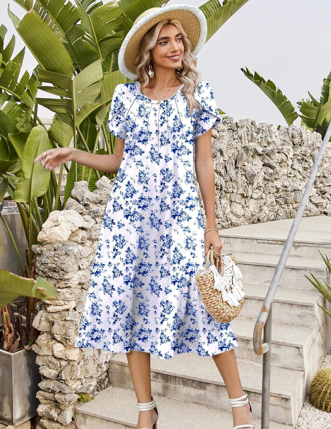 image:imageZeagoo Womens Casual Summer Dress 2026 Petal Short Sleeve Dresses with Pleats Midi A Line Flowy Dress Boho SundressBlue Floral 01