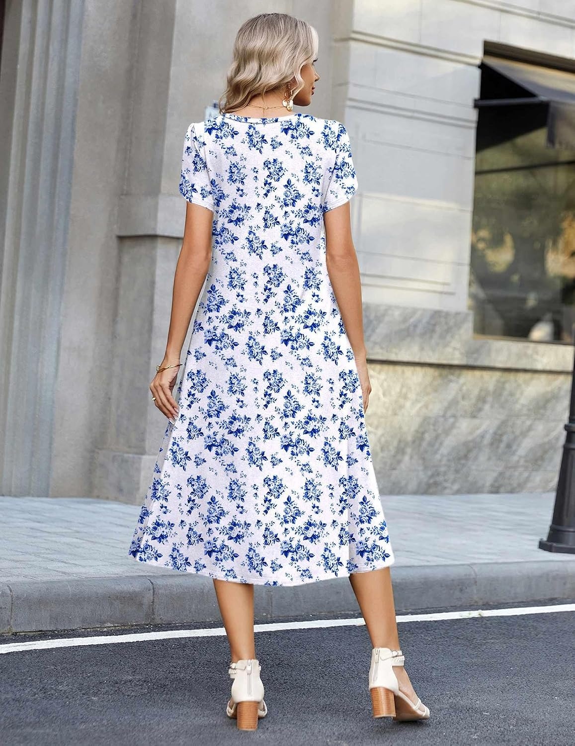 image:imageZeagoo Womens Casual Summer Dress 2026 Petal Short Sleeve Dresses with Pleats Midi A Line Flowy Dress Boho SundressBlue Floral 01
