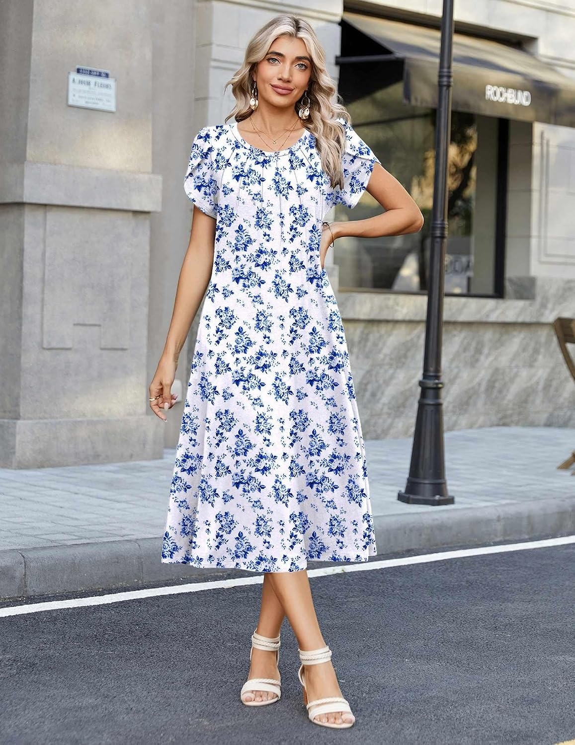 image:imageZeagoo Womens Casual Summer Dress 2026 Petal Short Sleeve Dresses with Pleats Midi A Line Flowy Dress Boho SundressBlue Floral 01