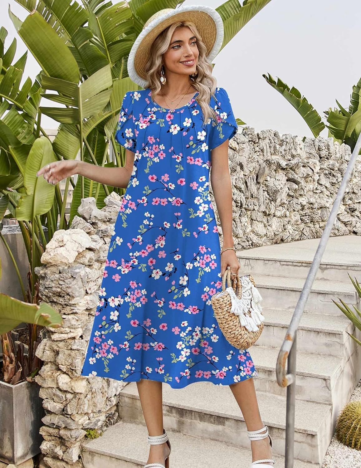 image:imageZeagoo Womens Casual Summer Dress 2026 Petal Short Sleeve Dresses with Pleats Midi A Line Flowy Dress Boho SundressBlue Floral 02