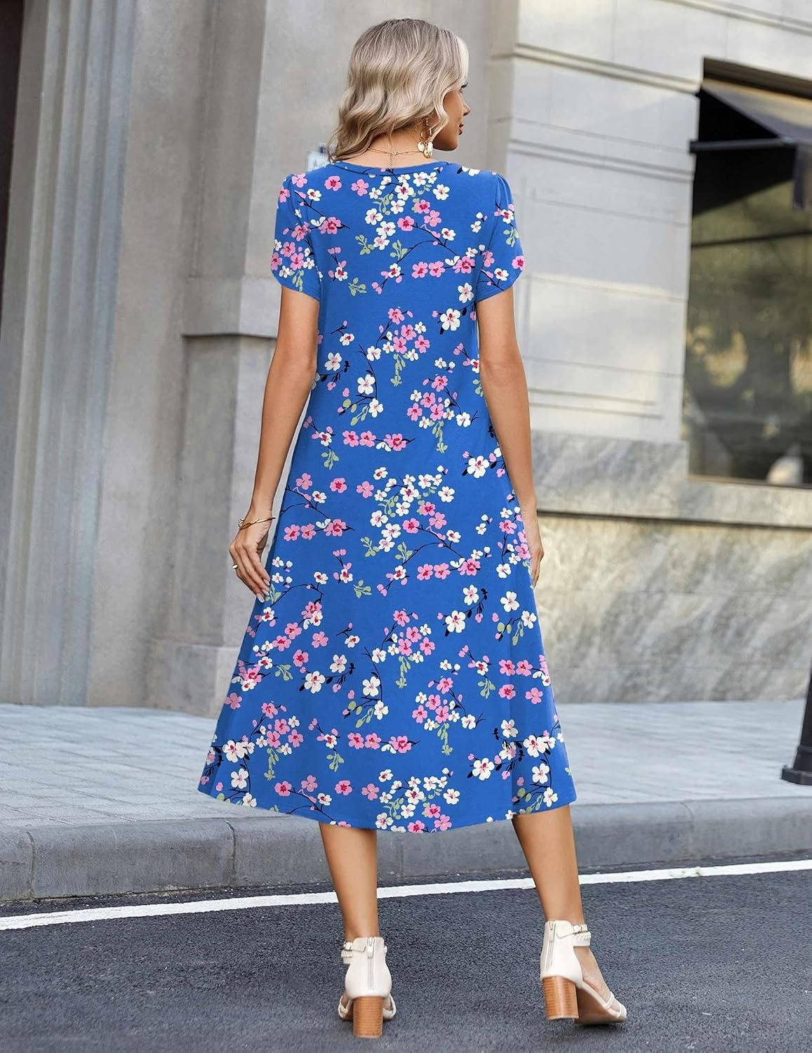 image:imageZeagoo Womens Casual Summer Dress 2026 Petal Short Sleeve Dresses with Pleats Midi A Line Flowy Dress Boho SundressBlue Floral 02