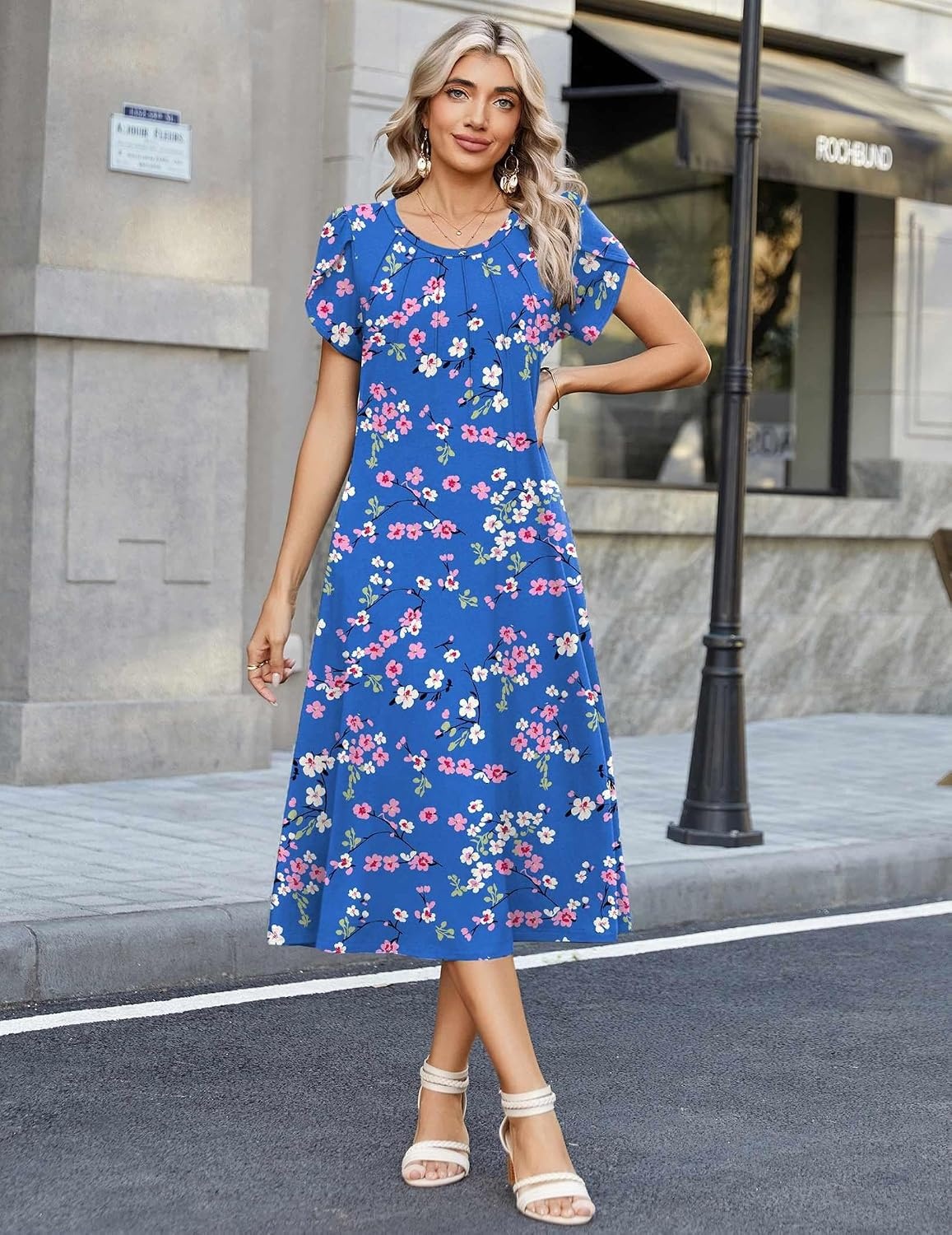 image:imageZeagoo Womens Casual Summer Dress 2026 Petal Short Sleeve Dresses with Pleats Midi A Line Flowy Dress Boho SundressBlue Floral 02