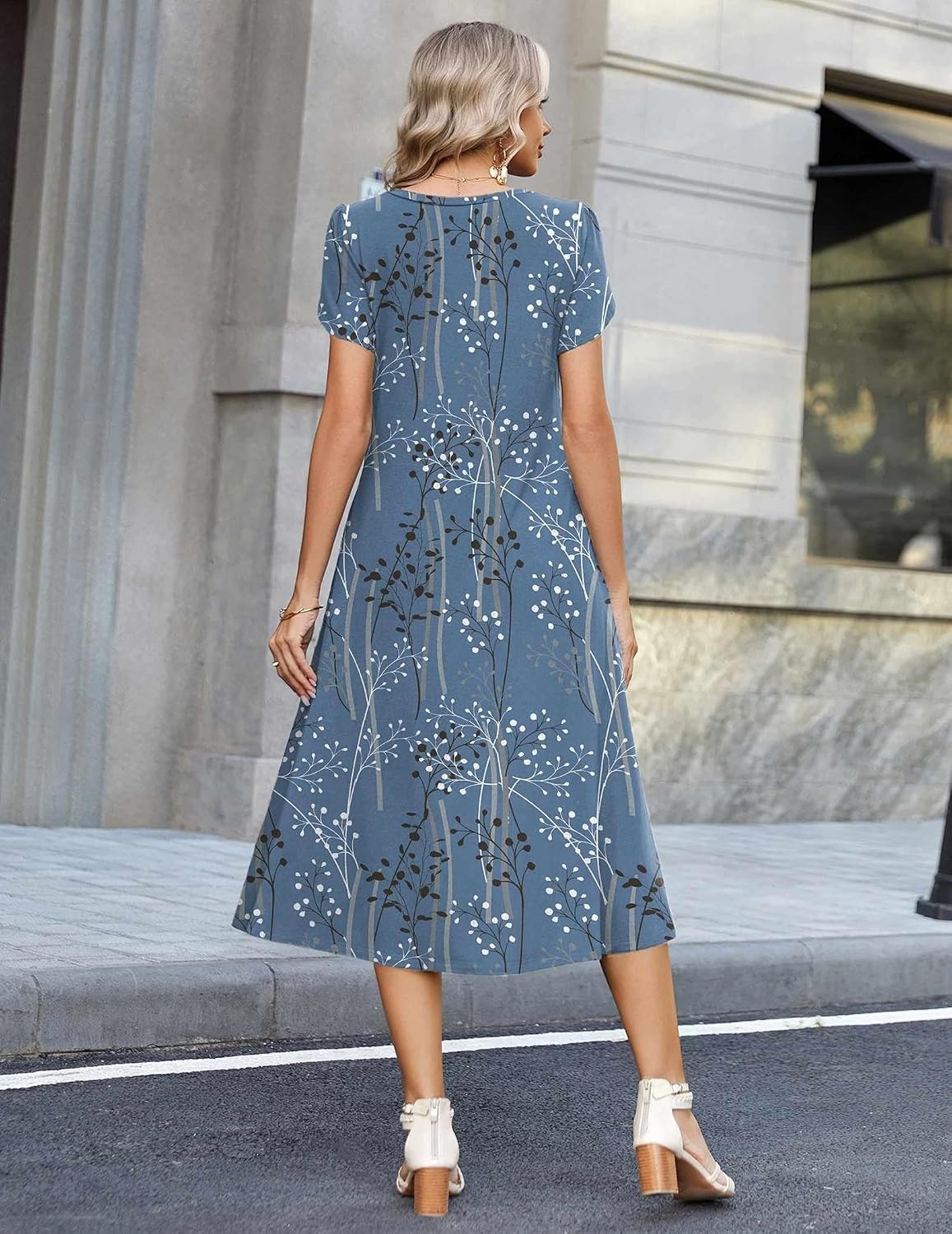 image:imageZeagoo Womens Casual Summer Dress 2026 Petal Short Sleeve Dresses with Pleats Midi A Line Flowy Dress Boho SundressBlue Floral 03
