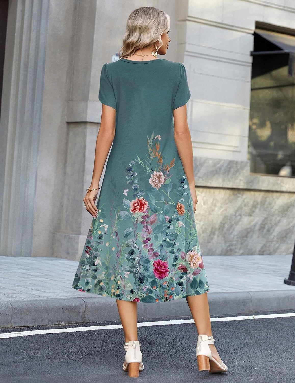 image:imageZeagoo Womens Casual Summer Dress 2026 Petal Short Sleeve Dresses with Pleats Midi A Line Flowy Dress Boho SundressBlue Green Floral