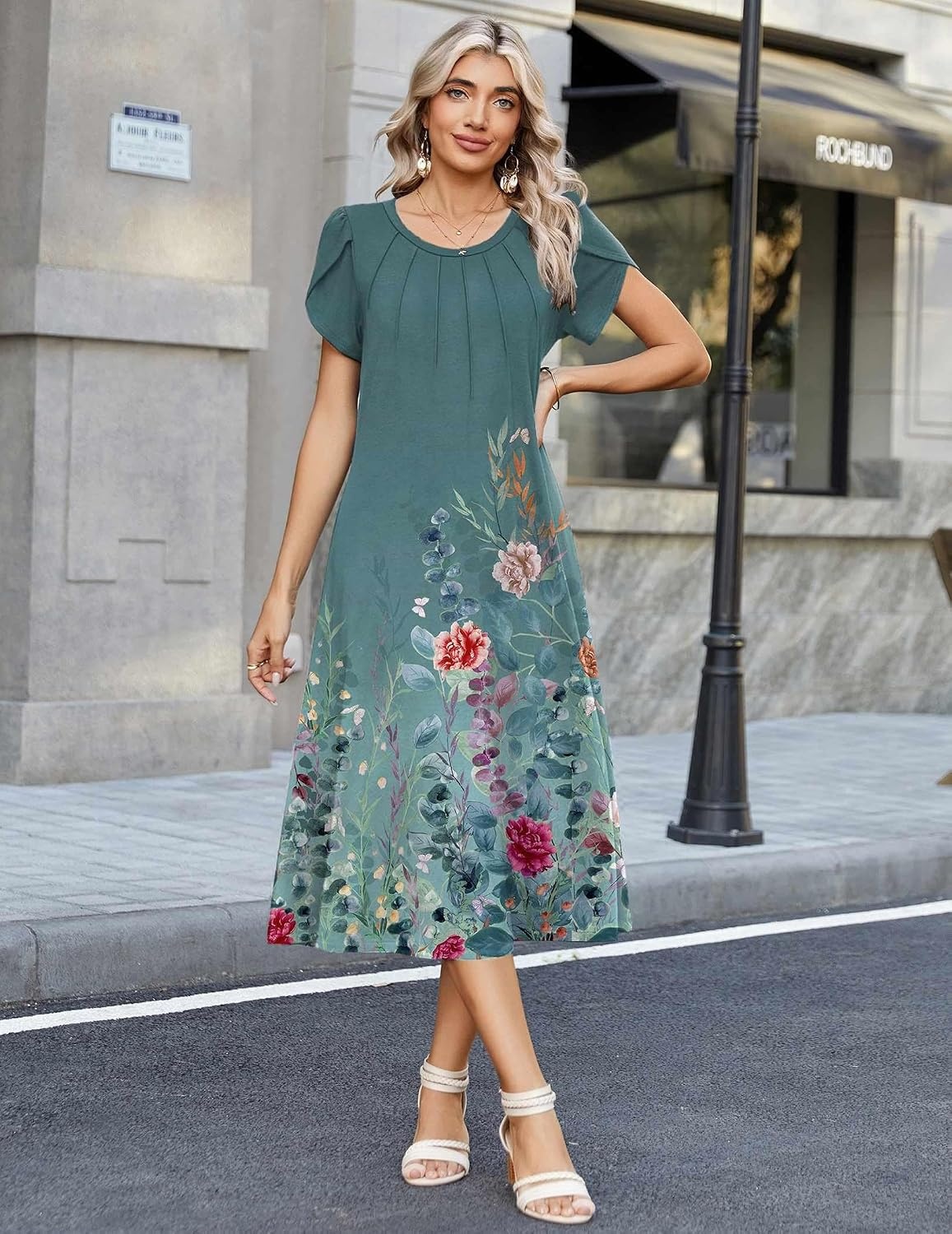 image:imageZeagoo Womens Casual Summer Dress 2026 Petal Short Sleeve Dresses with Pleats Midi A Line Flowy Dress Boho SundressBlue Green Floral