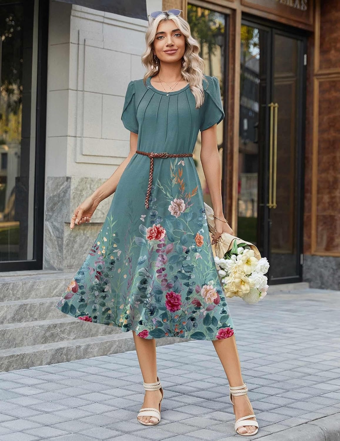 image:imageZeagoo Womens Casual Summer Dress 2026 Petal Short Sleeve Dresses with Pleats Midi A Line Flowy Dress Boho SundressBlue Green Floral