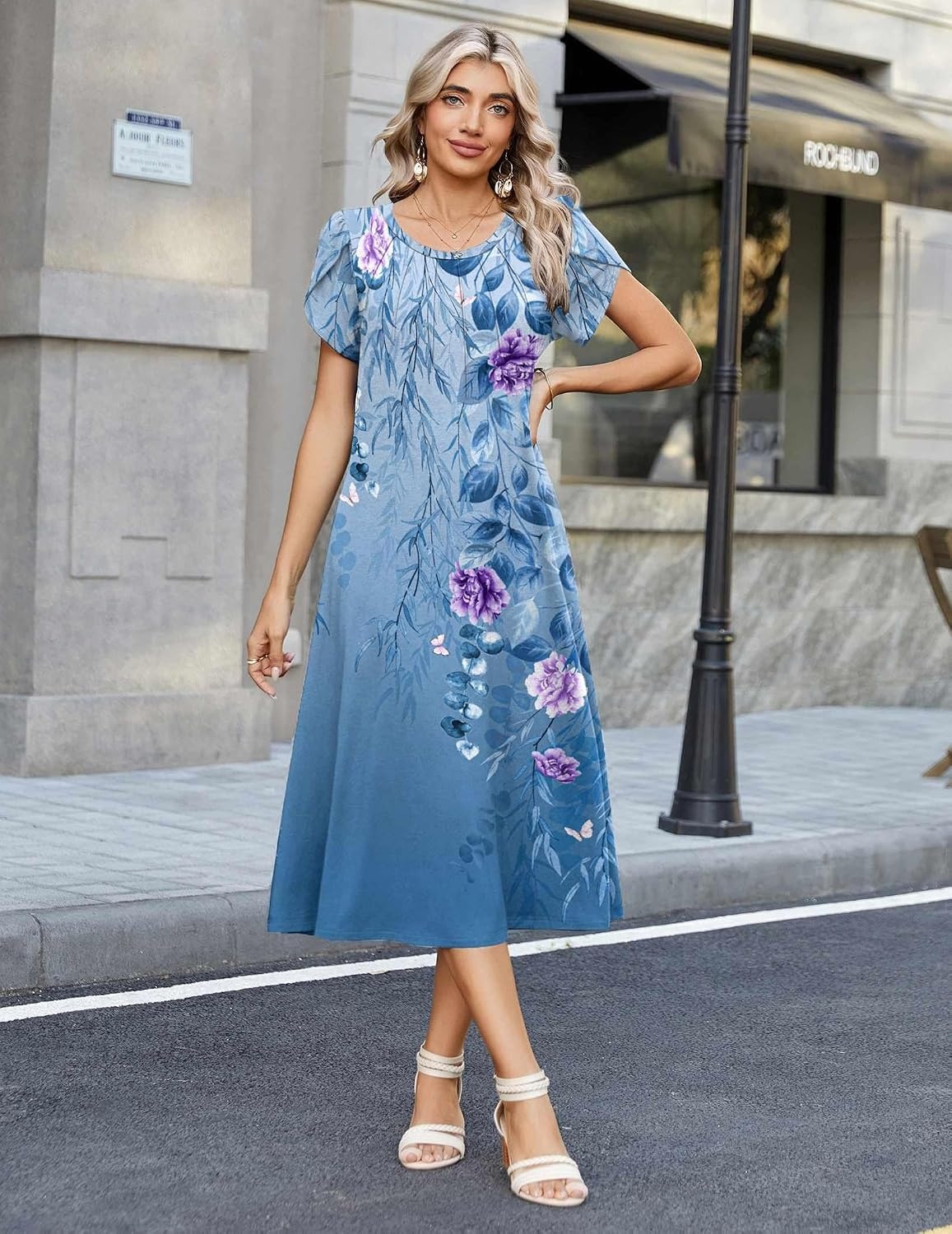 image:imageZeagoo Womens Casual Summer Dress 2026 Petal Short Sleeve Dresses with Pleats Midi A Line Flowy Dress Boho SundressBlue Printed 01
